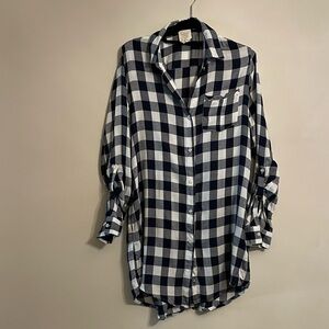 Plaid Button-Up Blouse - Navy and White